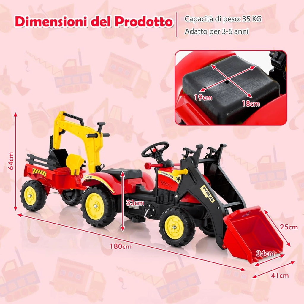 3 in 1 Escavatore per Bambini, Trattore con Rimorchio Staccabile Cavalcabile per Bambini, con 6 Ruote e 2 Benne, per 3-6 Anni (Rosso)