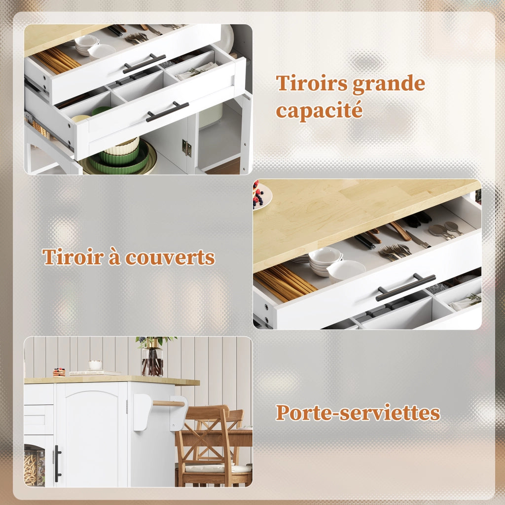 Carrello da Cucina con 2 Ante in Vetro; 2 Cassetti; Piano Ribaltabile e 5 Ruote; in MDF; 120 x 45(70) x 90 cm