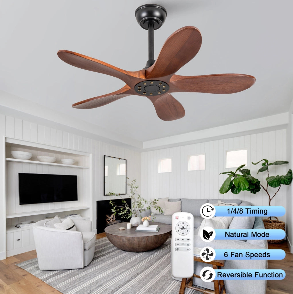 Ventilatore da soffitto senza luce 36 pollici; 5 pale in legno massello; noce scuro e nero