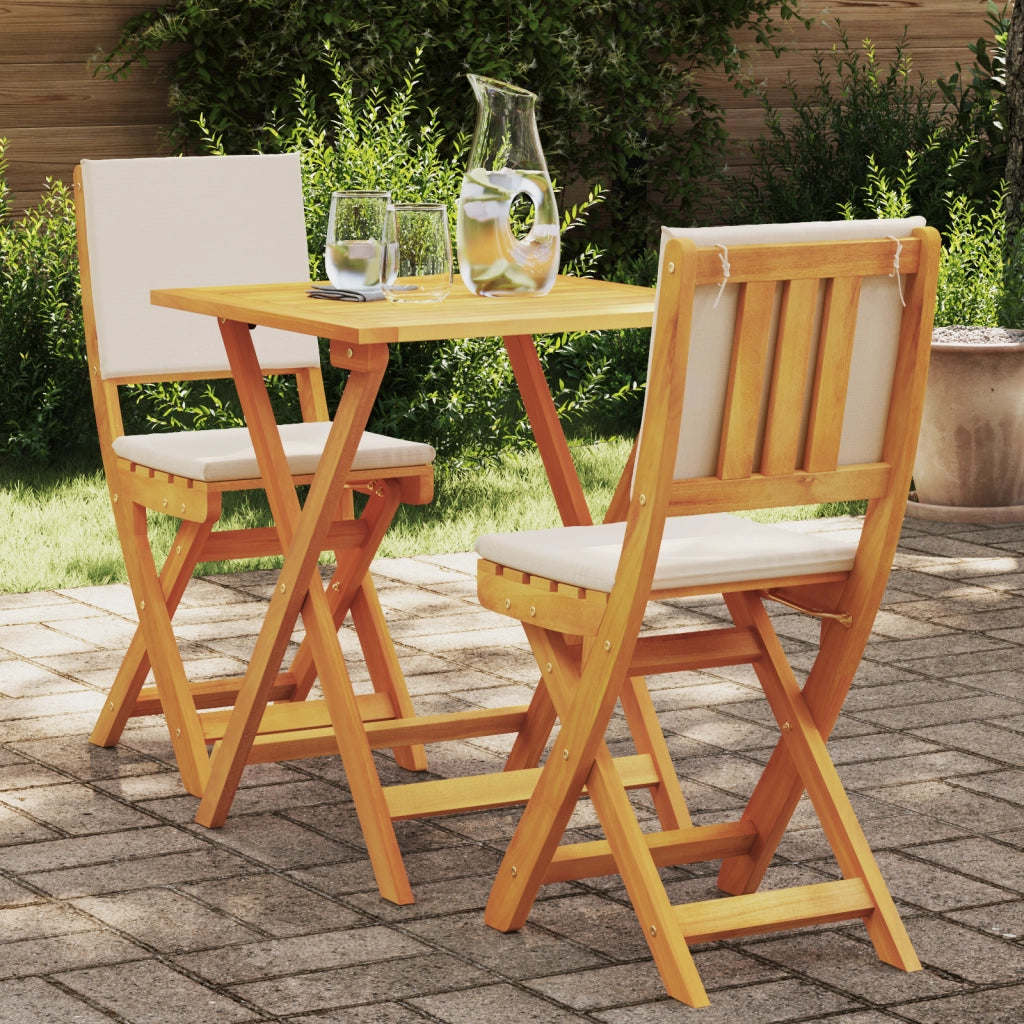 Set Bistro Pieghevole 3 Pezzi con Cuscini in Legno Massello di Acacia