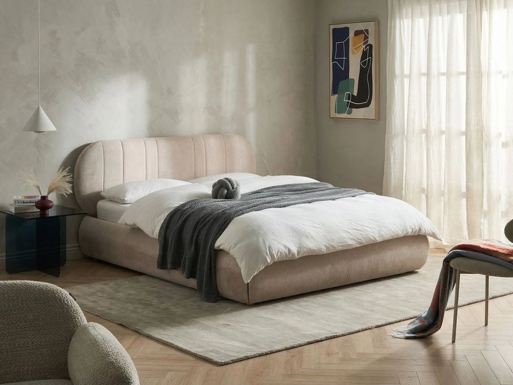 Letto matrimoniale imbottito con struttura a molle a sollevamento trapuntato 160 x 200 beige chiaro e contenitore sollevabile