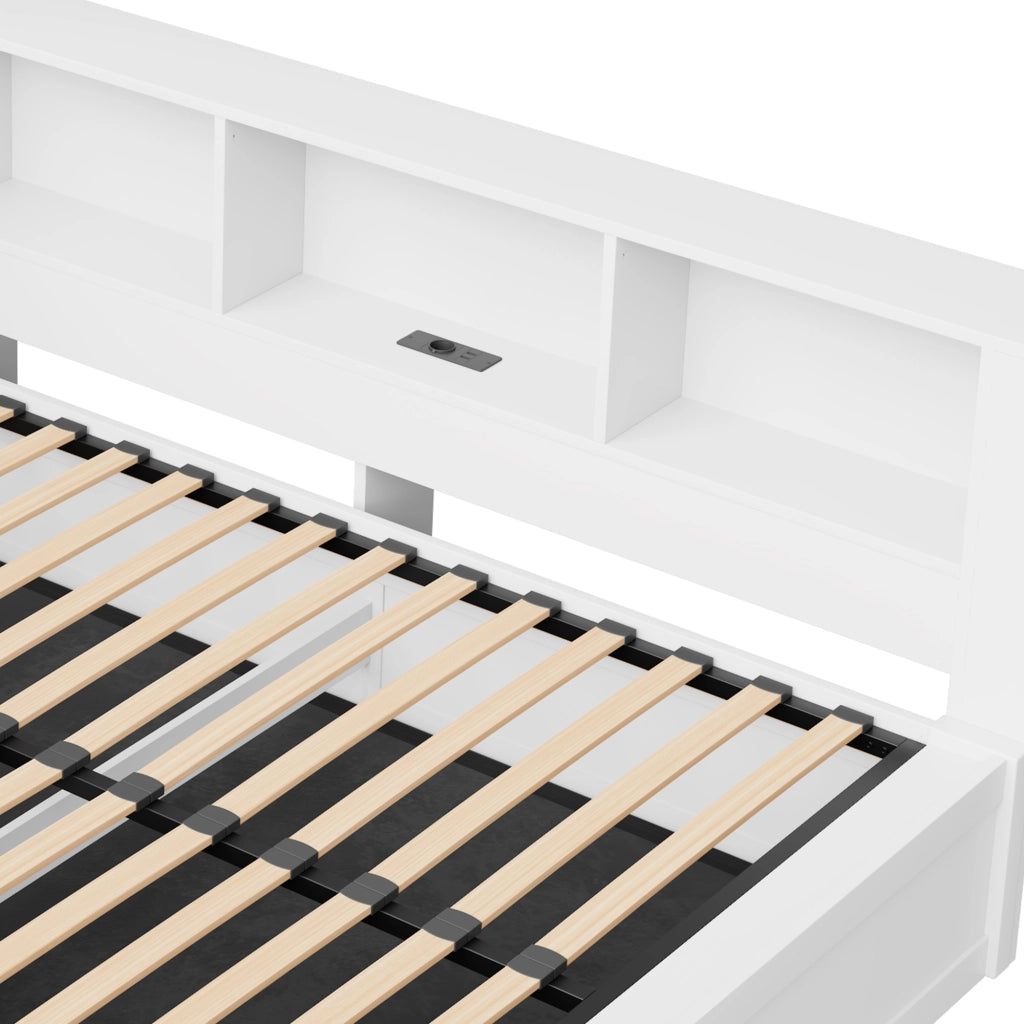 Letto Contenitore Letto Singolo 140x200 cm; con USB; LED e Scaffale laterale in Bianco