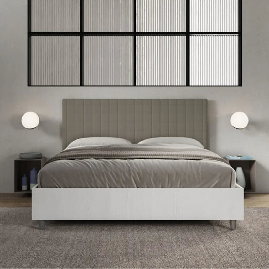 Letto matrimoniale contenitore 160x190 bianco frassino testata similpelle cappuccino Burmy
