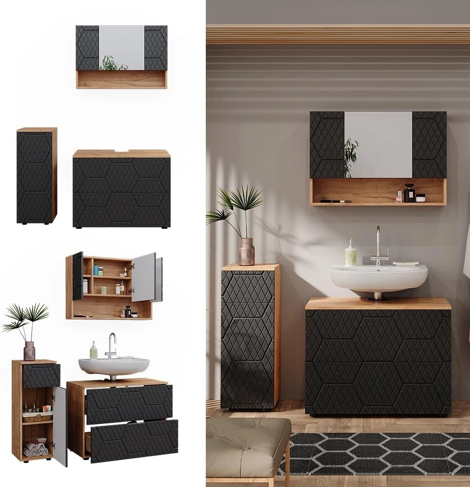 set mobili bagno Irma, Quercia dorata/Antracite, 3 pezzi, con cassettiera e mobile midi
