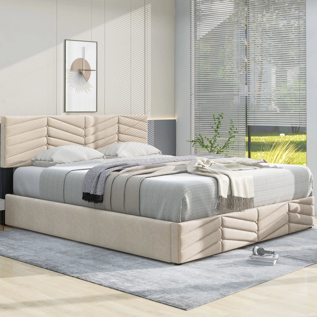 Letto imbottito 140x190 con testiera regolabile; velluto beige