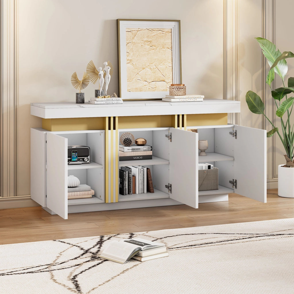Credenza con 3 Ante e 6 Scomparti; Ripiani Regolabili; Effetto Marmo; in Pannello di Particelle; Bianco; 140??38??70 cm