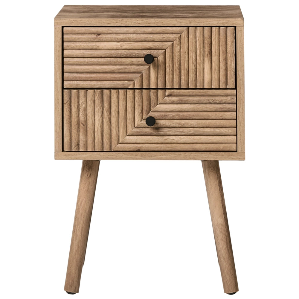Comodino marrone chiaro in MDF con gambe in legno di pino e 2 cassetti Tavolino moderno