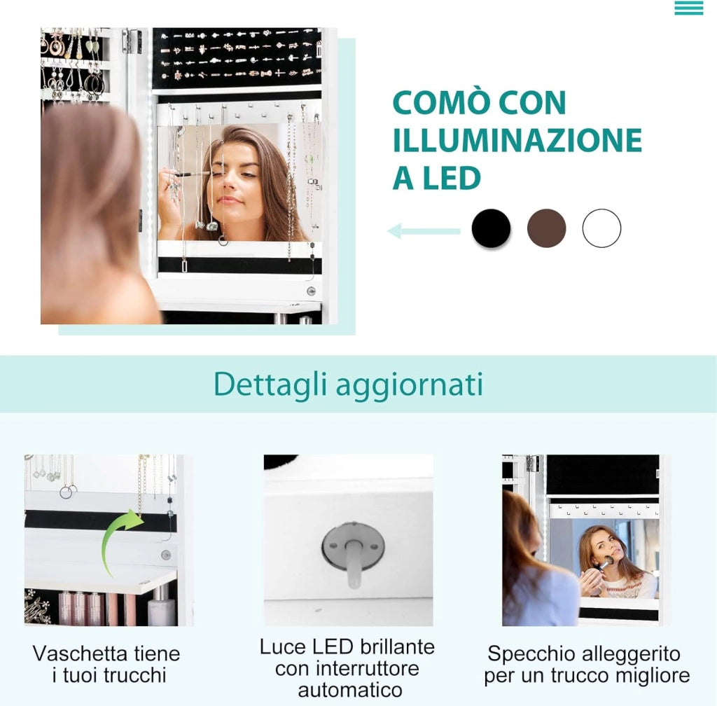 Armadietto per Gioielli con Specchio a Figura Intera LED, Armadio Multiuso con 4 Cassetti 4 Mensole, Organizer Portagioie per Camera da Letto e Cabina Armadio (Bianco)
