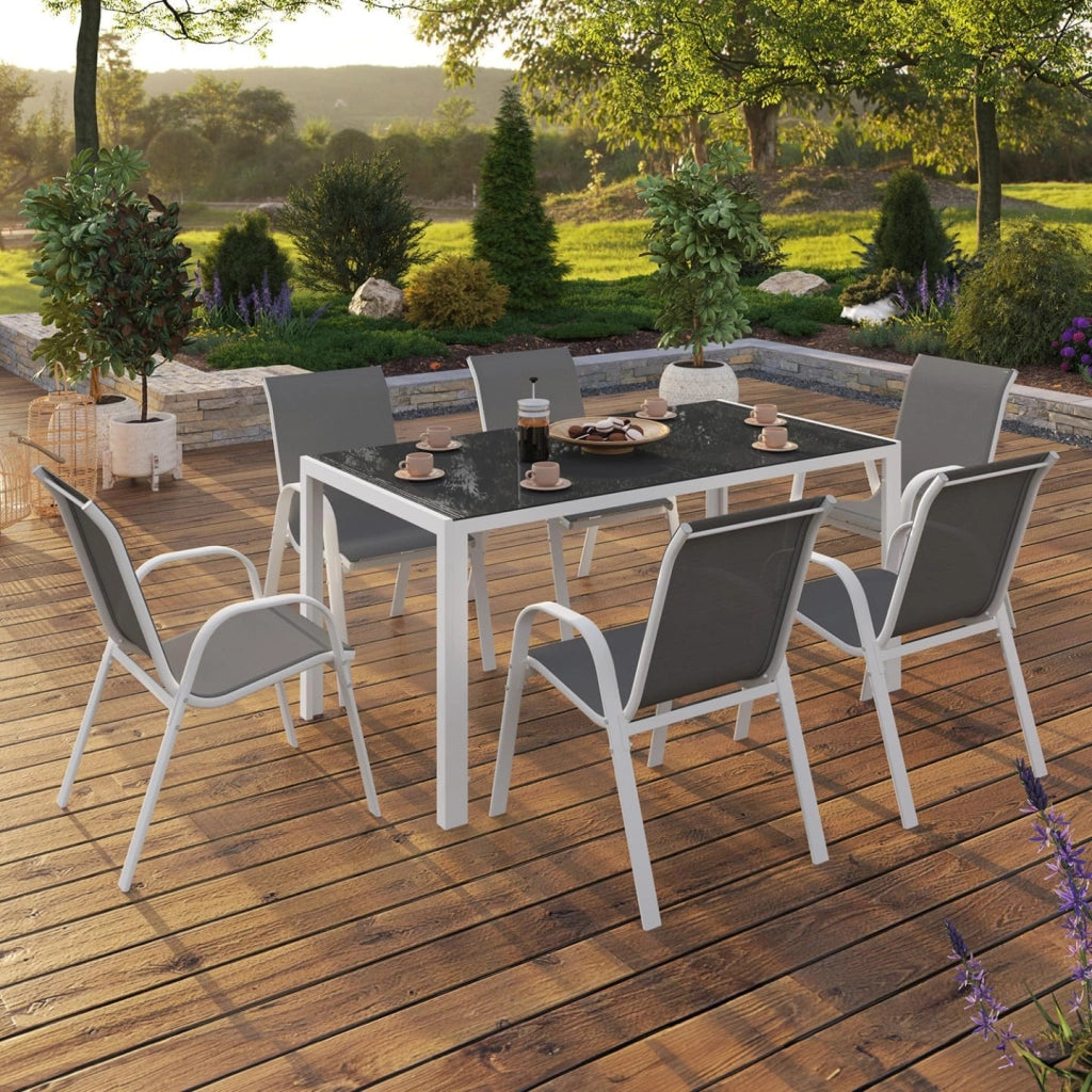 Set di mobili da Giardino Madrid Tavolo 150 CM e 6 sedie impilabili Bianco e Grigio