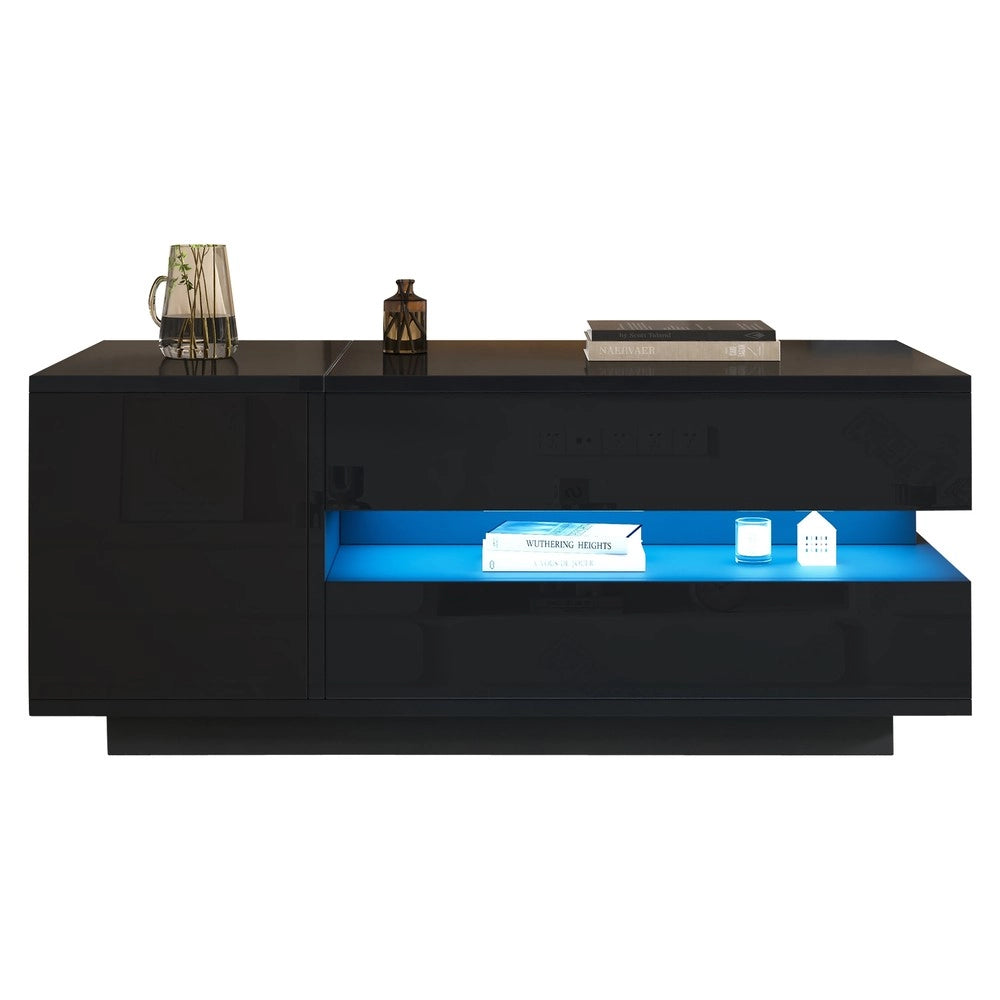 Tavolino da Caff¨¨ Sollevabile con LED, Cassetto e Vano ¨C MINIMAL ¨C Nero Lucido 95x50x40