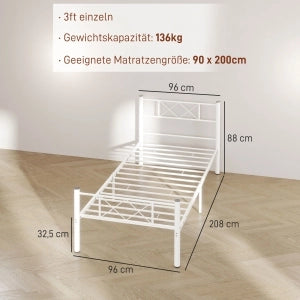 Telaio letto singolo in acciaio per materasso 90 x 200 cm, bianco, con rete integrata e spazio contenitore sotto il letto