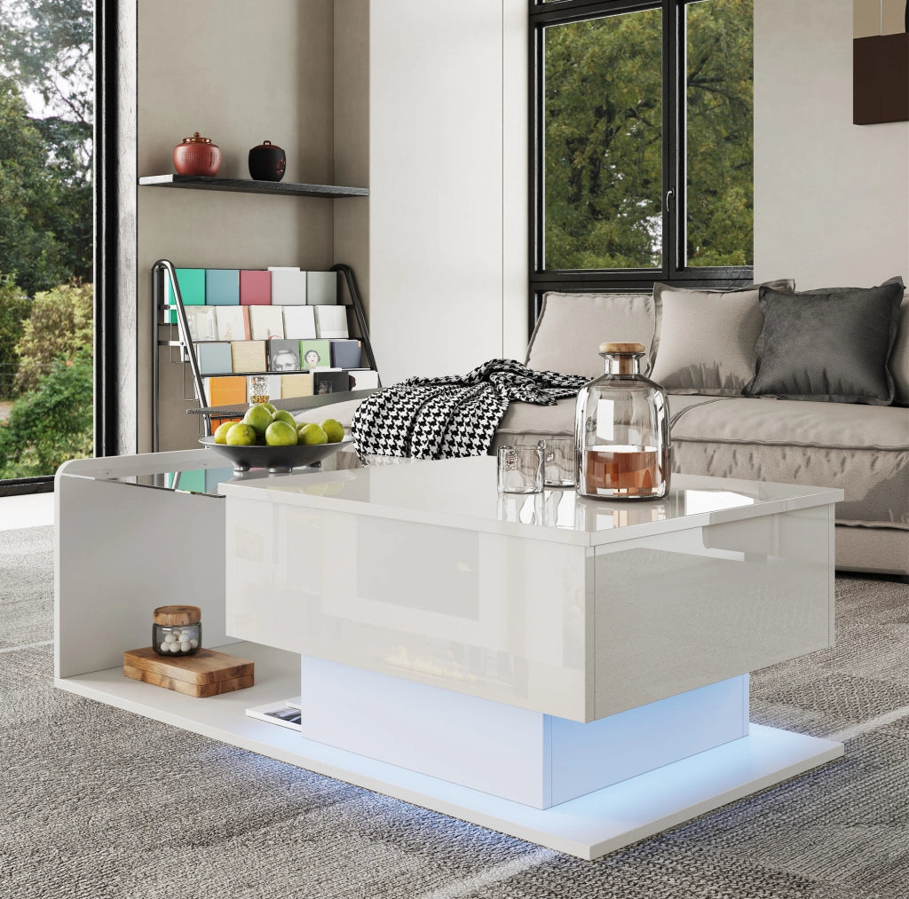 Tavolino da caffè elevabile 100x50x33/47;5 cm bianco lucido con LED e vetro temperato