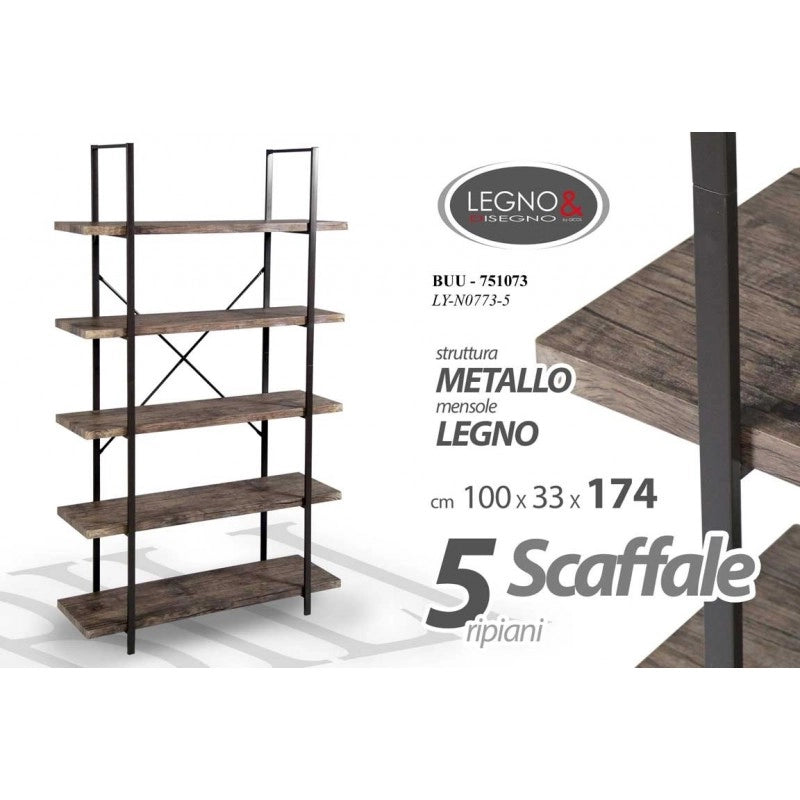 Scaffale stile urban 5 ripiani cm 100 x 33 x 174 h