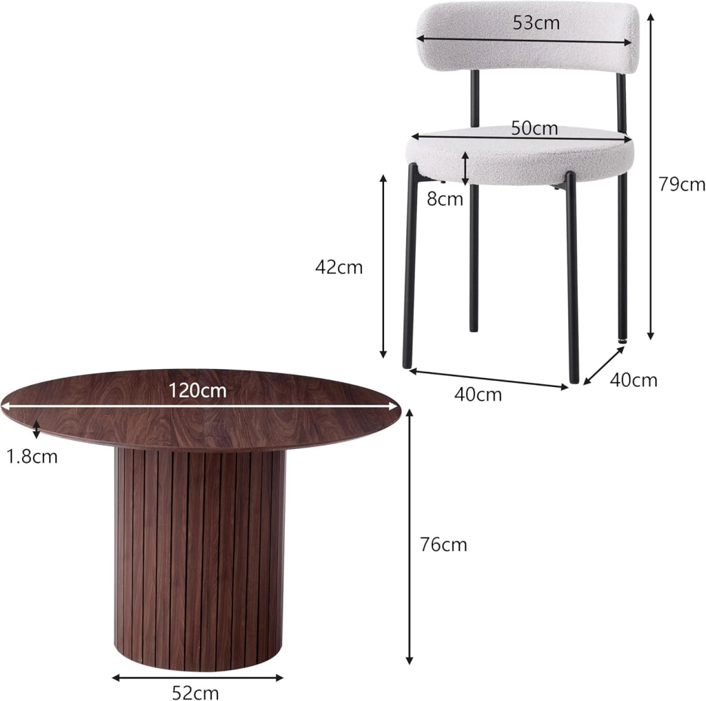GrandCA HOME Set Tavolo e Sedie da Pranzo: Tavolo da Pranzo Rotondo in Legno da 120 cm + 4 Sedie, Per 4-6 Persone, Marrone Scuro + Grigio