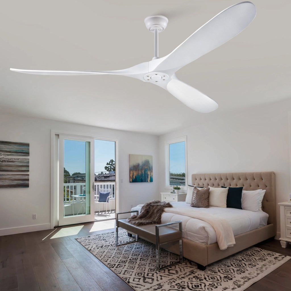 Ventilatore da soffitto bianco design moderno 70 pollici, 3 pale legno massello, senza illuminazione, motore DC reversibile silenzioso