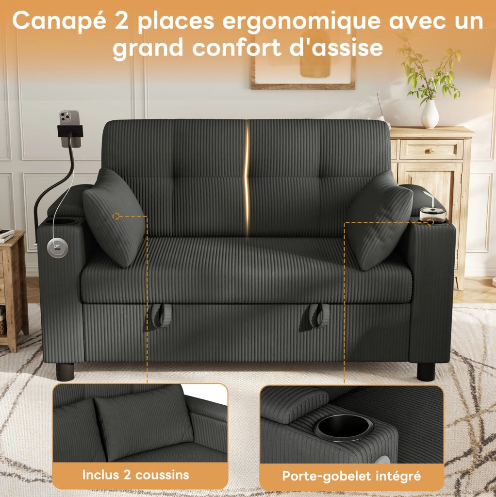 Divano 2 posti moderno in velluto a coste grigio con contenitore e porta USB/Type-C