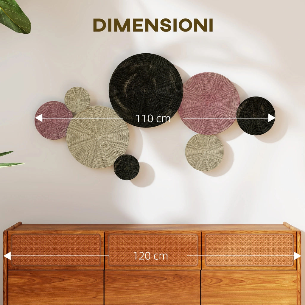 Wall Art a 8 Dischi 3D in Metallo. 110x7x58 cm. color Bronzo. Arancione e Giallo
