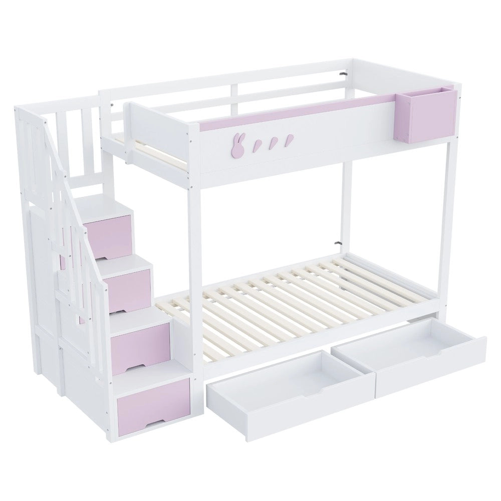 Letto a Castello Singolo con Cassetti e Doghe ¨C MINIMAL ¨C Bianco e Rosa, 90x200