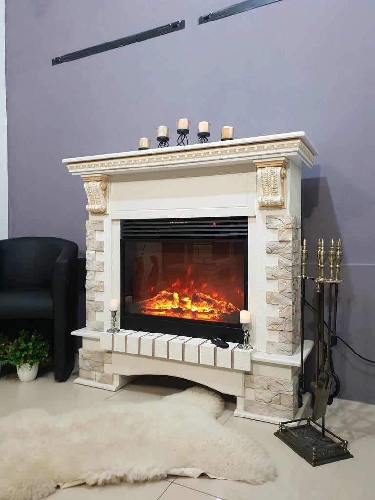 Camino Elettrico da Pavimento 118,1x123x40,3 cm Effetto Fiamma 1950W Topaz maxi & Mirabella Avorio
