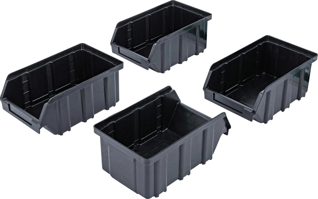 Set di 4 contenitori per negozio, con guida a parete, in plastica, colore nero