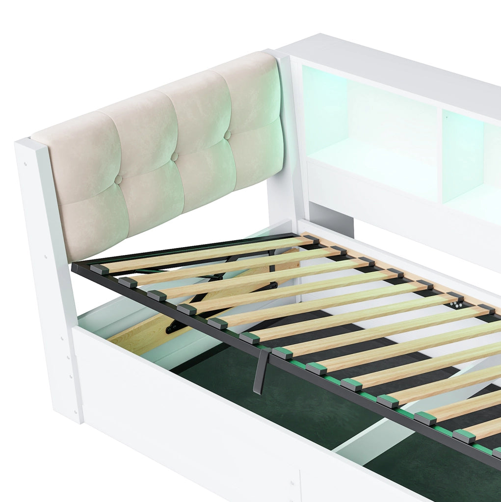 Letto singolo 90x200 cm con contenitore laterale; USB; LED e ripiano; bianco