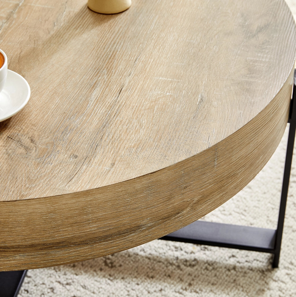 Tavolino da caffè rotondo ?68 cm in MDF e metallo nero; effetto legno