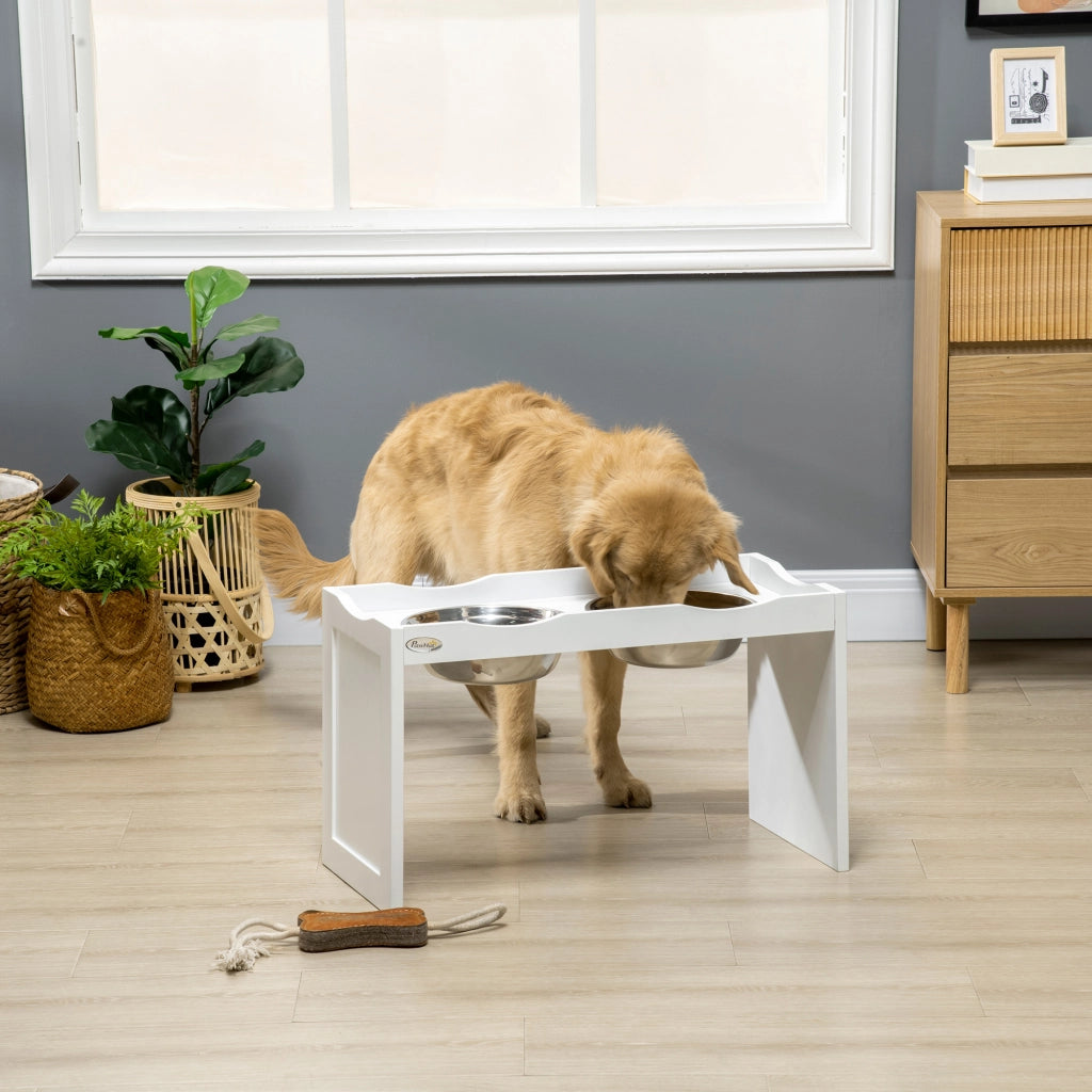 Stazione alimentare per cani con 2 ciotole ¨C zephmum ¨C bianco, acciaio inox, 63x30x24 cm