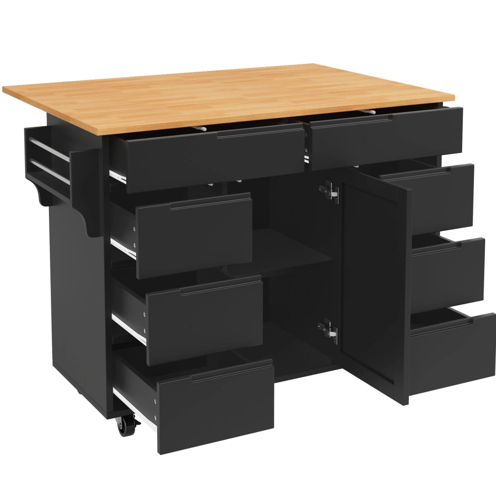 Carrello da cucina con piano ribaltabile; 8 cassetti e ruote; MDF nero