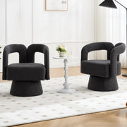 Poltrona girevole 360° in bouclé grigio scuro, con braccioli arrotondati e base in metallo