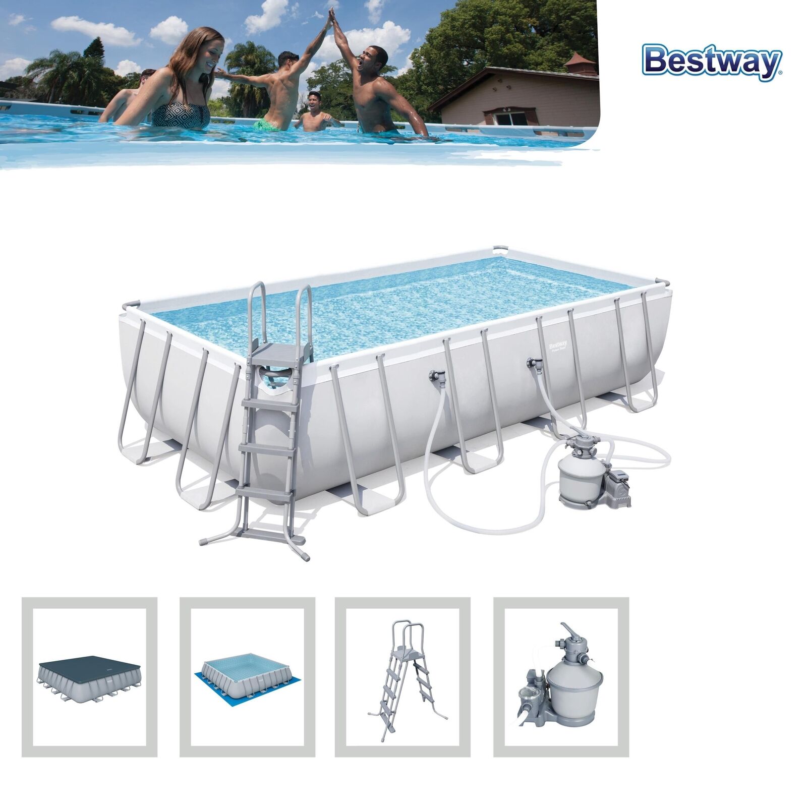 Bestway Power Steel Piscina mis.549x274x122 cm, pvc/tritech, effetto mosaico interno, include filtro a sabbia, copertura, scaletta, dosatore chimico ChemConnect