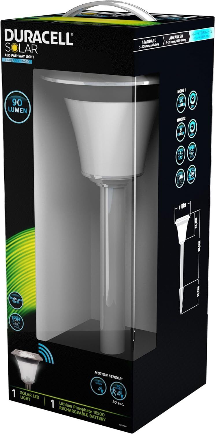 Duracell Lampada Led da Esterni con Picchetto in Vetro e Acciaio con Sensore di Movimento