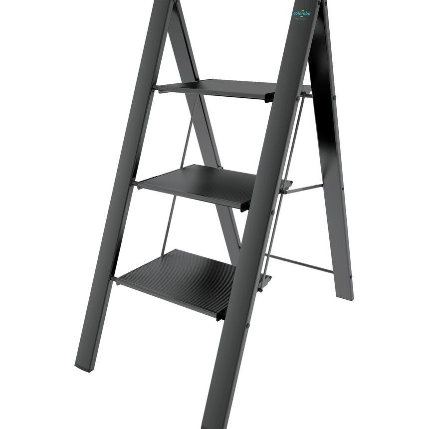 Colombo Sgabello Scala LEONARDO 3 gradini in alluminio anodizzato,ultrasottile,ultrapiatto,nero portata max 150kg EN14183 MADE IN ITALY