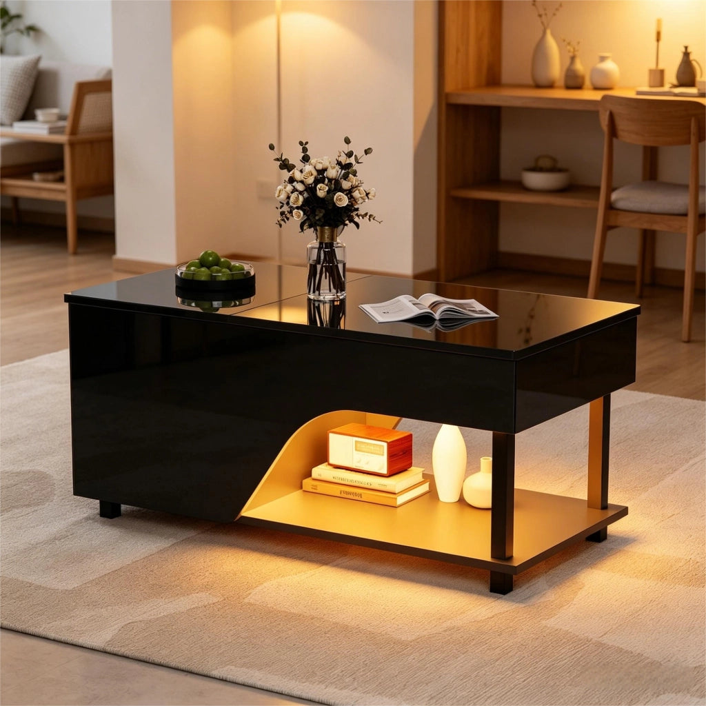 Tavolino lucido, illuminazione a LED, altezza regolabile, design traforato, 50 x 100 x 46 cm, nero
