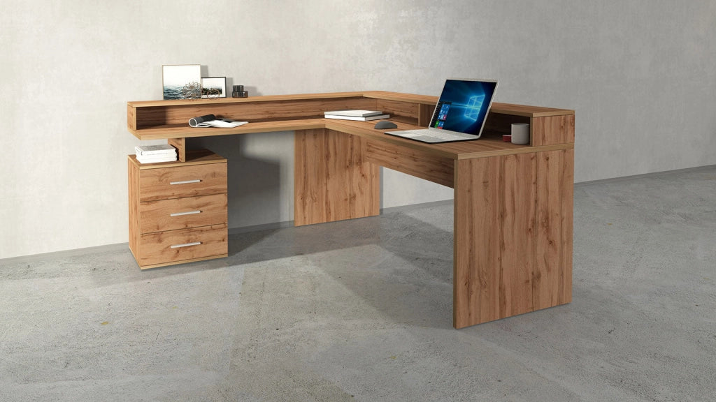 Scrivania Angolare 3 Cassetti e Ripiani a Giorno 180/160x60x90 cm New Selina Rovere Wotan