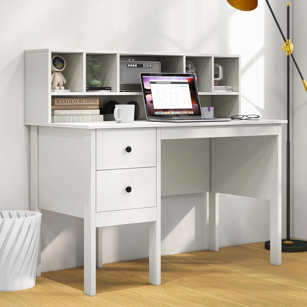 Scrivania con porte di ricarica USB, tavolo per computer da 120 cm con cassetti e cabina da 5 cubi, tavolo da studio, tavolo da lavoro per ufficio, camera da letto, bianco