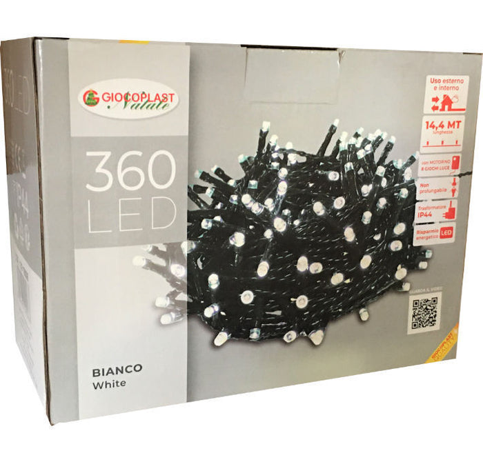 Luci di Natale con 360 Led Bianco Freddo 14,4Mt Cavo Scuro 3Mt e Trasformatore per Interno e Esterno con giochi luce