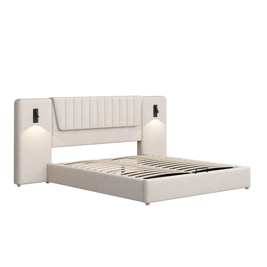 Letto matrimoniale imbottito 180x200 cm in velluto beige con testiera alta; lampade LED e USB