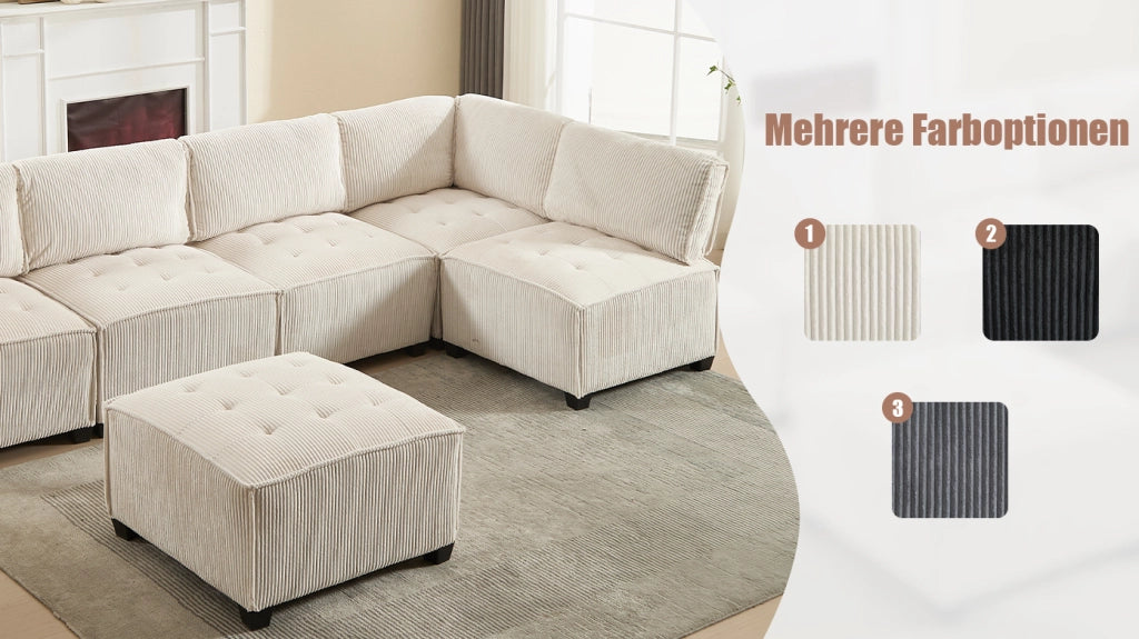 Divano modulare 6 posti in velluto a coste beige; configurabile a U; L o letto