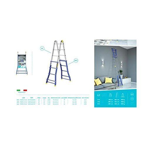 Colombo Scala PRATIC 4+4 In Acciaio-Alluminio Altezza Massima 3,7 M Gradini Zigrinati Piedini Antisdrucciolevoli