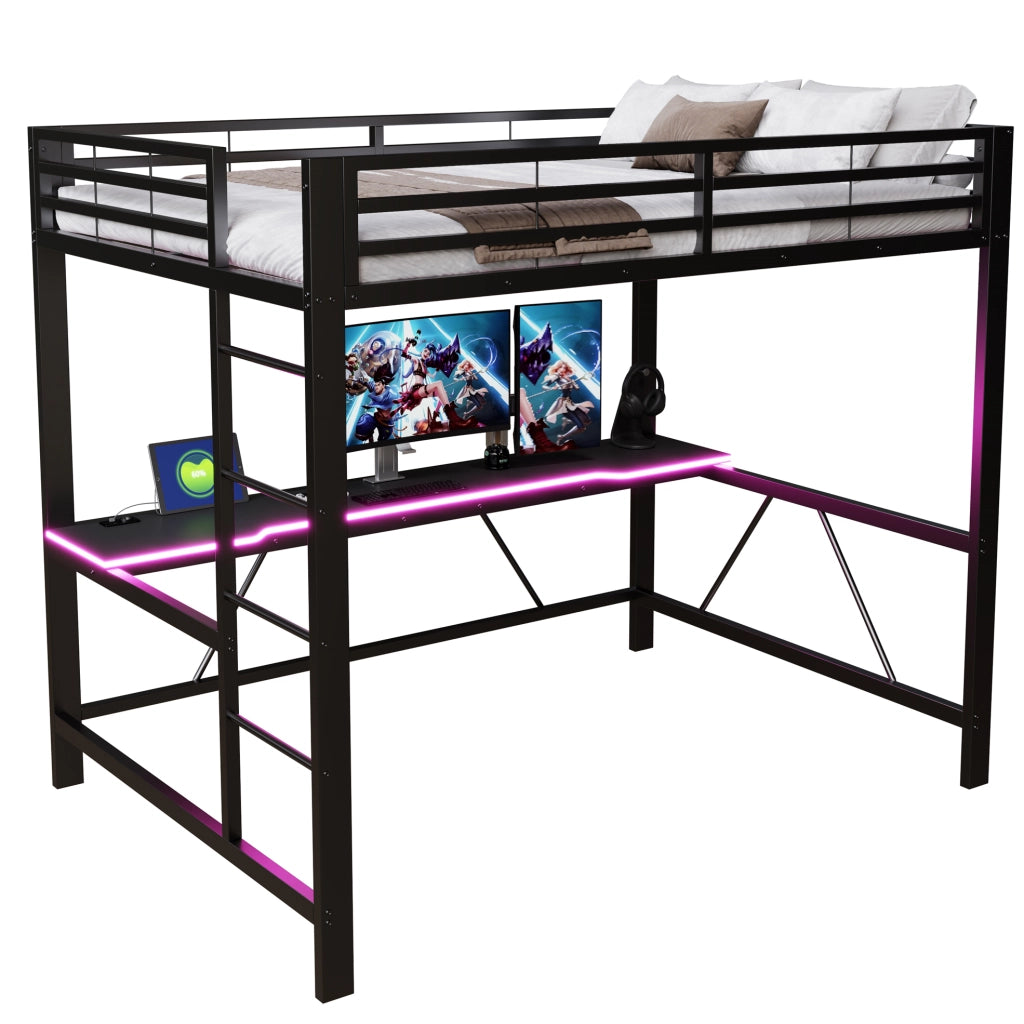 Letto a soppalco gaming 140x200 con LED, scrivania, nero