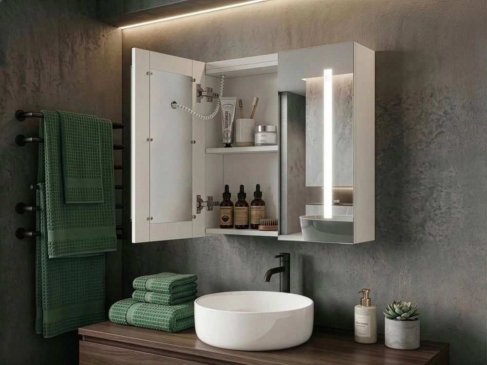 Armadietto a specchio per bagno in multistrato argento 60 x 60 cm Armadio pensile a 2 ante con luci a LED