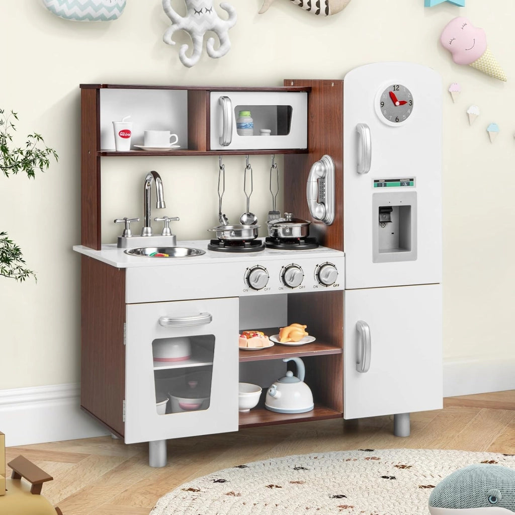 Cucina Giocattolo per Bambini, Cucina Legno per Bambini con Forno, Microonde, Frigorifero, Macchina del Ghiaccio, Lavello e Rubinetto, Funzione Luci e Suoni, per Bambini 3 Anni+