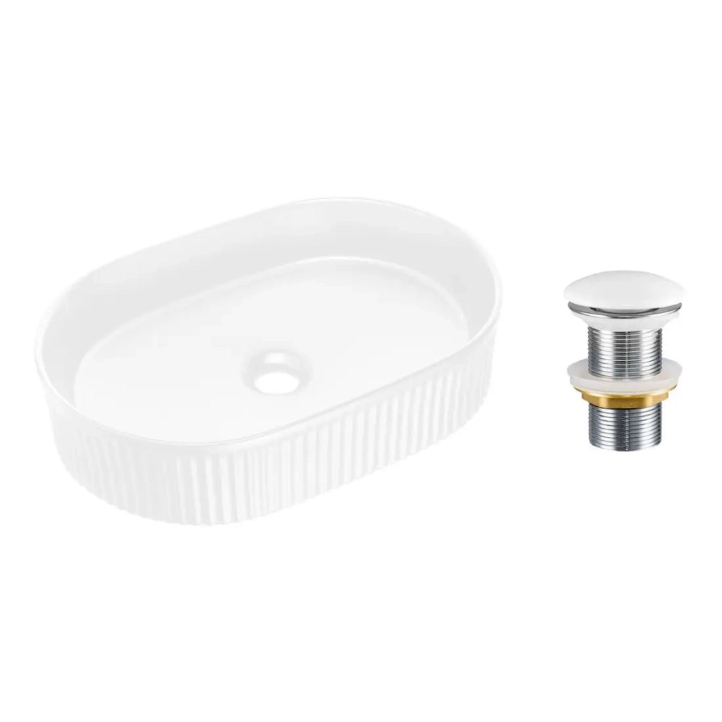 Lavabo ovale da appoggio 48x33 cm bianco lucido in ceramica con piletta clic-clac