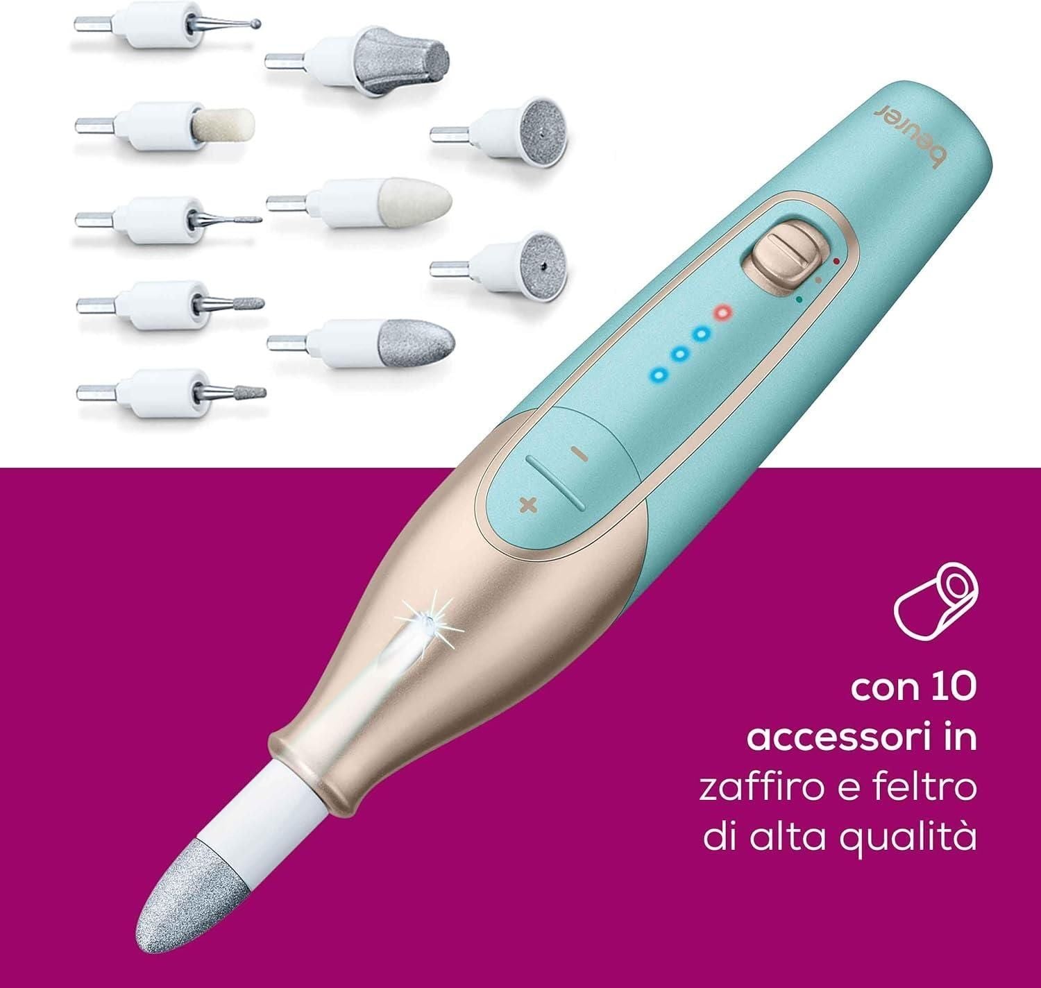 Beurer MP 84 Fresa elettronica per Unghie Professionale Cordless con Batteria Ricaricabile, 10 Accessori per Manicure e Pedicure e Pratica Custodia con Funzione di Ricarica