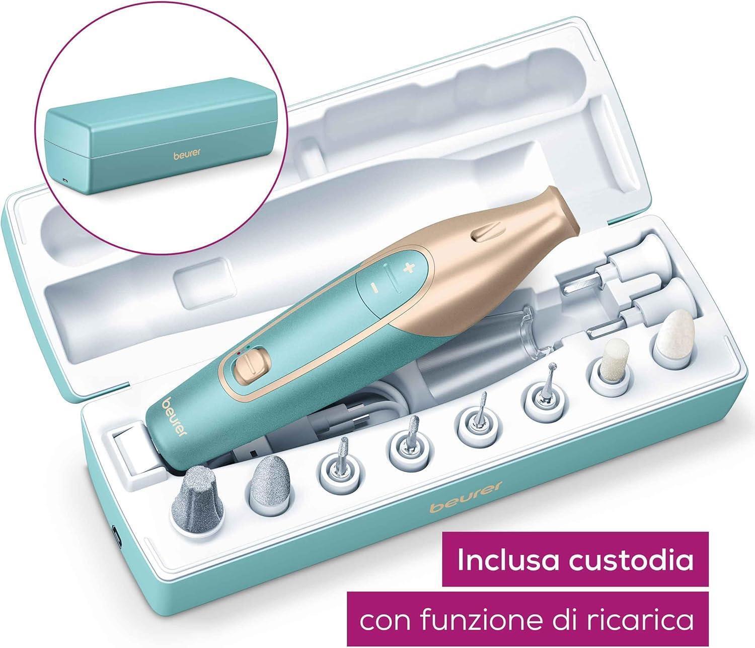 Beurer MP 84 Fresa elettronica per Unghie Professionale Cordless con Batteria Ricaricabile, 10 Accessori per Manicure e Pedicure e Pratica Custodia con Funzione di Ricarica