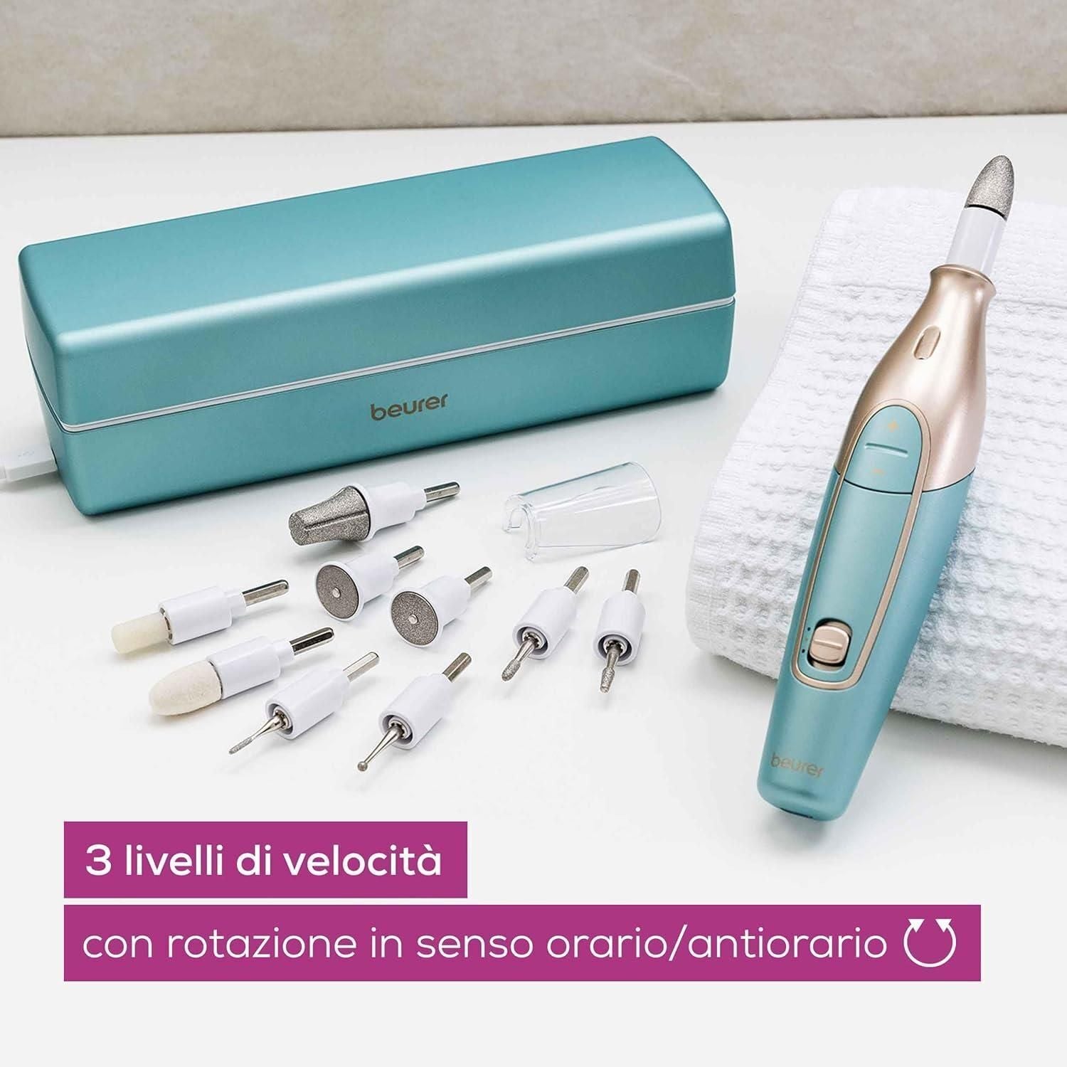 Beurer MP 84 Fresa elettronica per Unghie Professionale Cordless con Batteria Ricaricabile, 10 Accessori per Manicure e Pedicure e Pratica Custodia con Funzione di Ricarica