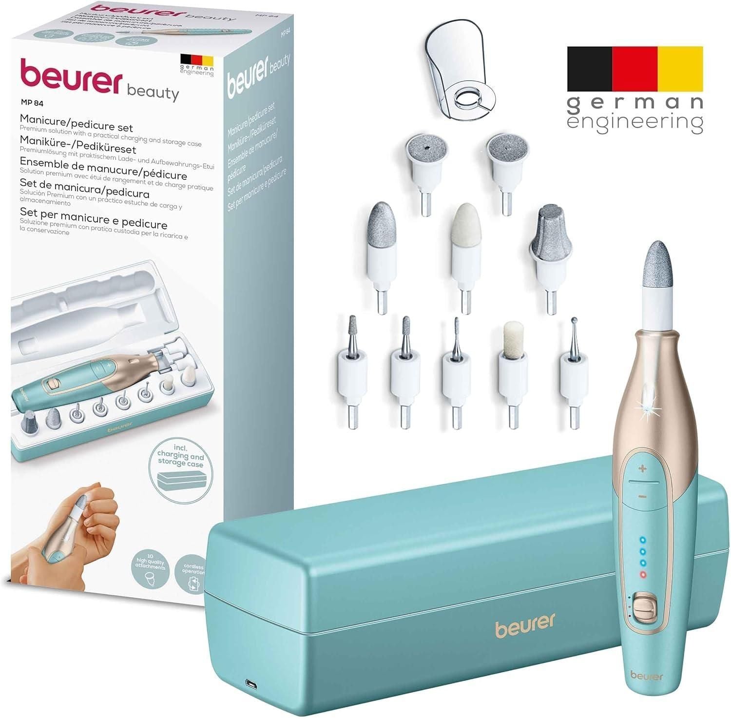 Beurer MP 84 Fresa elettronica per Unghie Professionale Cordless con Batteria Ricaricabile, 10 Accessori per Manicure e Pedicure e Pratica Custodia con Funzione di Ricarica