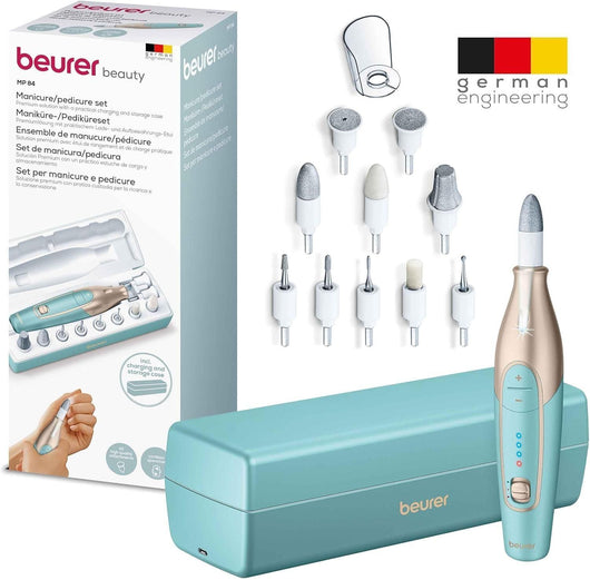 Beurer MP 84 Fresa elettronica per Unghie Professionale Cordless con Batteria Ricaricabile, 10 Accessori per Manicure e Pedicure e Pratica Custodia con Funzione di Ricarica