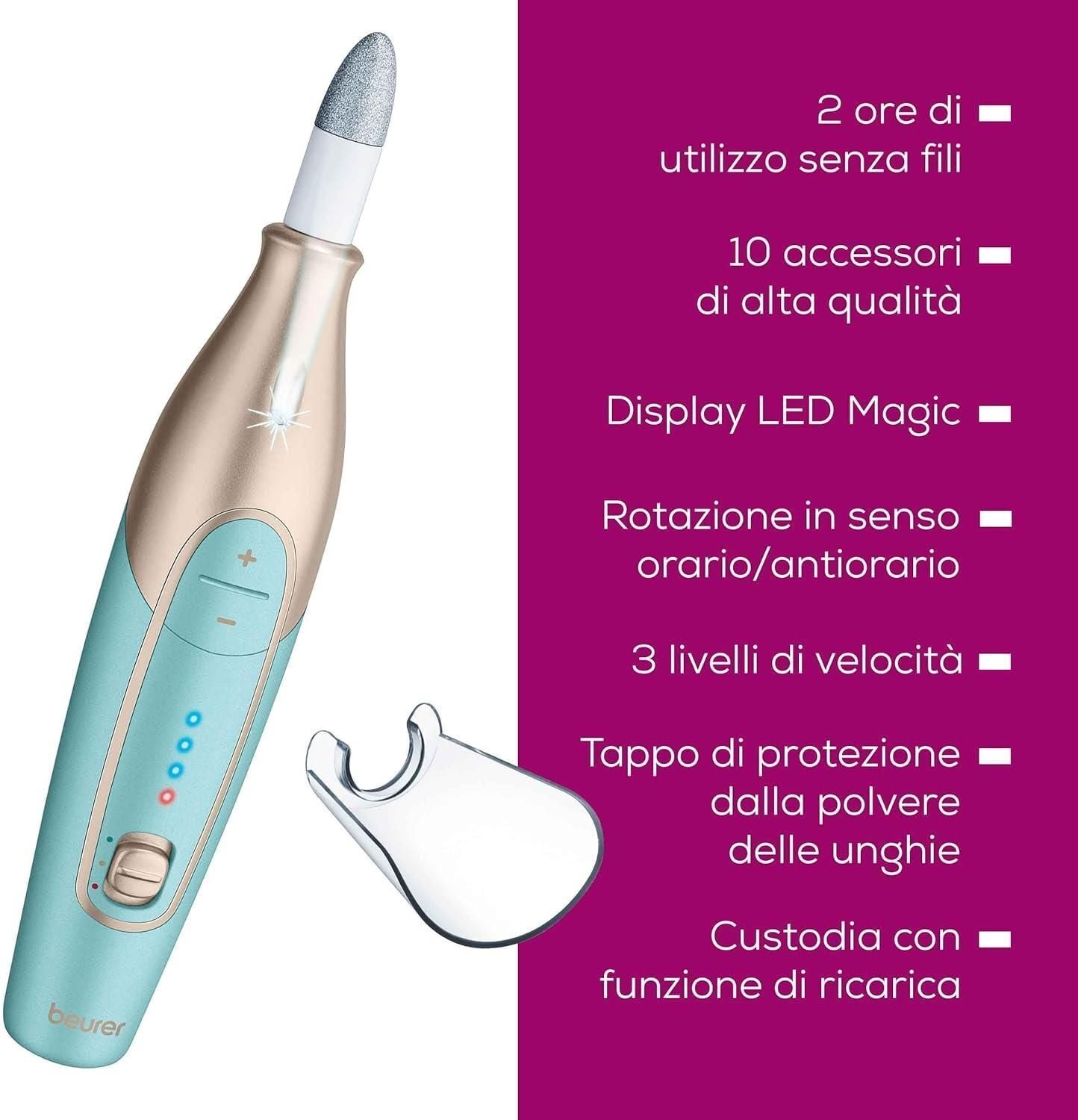 Beurer MP 84 Fresa elettronica per Unghie Professionale Cordless con Batteria Ricaricabile, 10 Accessori per Manicure e Pedicure e Pratica Custodia con Funzione di Ricarica