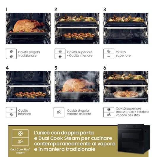 Samsung NV7B5760WBK-U5 Forno Elettrico Multifunzione da incasso a Vapore Dual Cook Flex Steam Classe energetica A+ 40 Programmi Frittura ad Aria WiFi 59,5 cm Nero